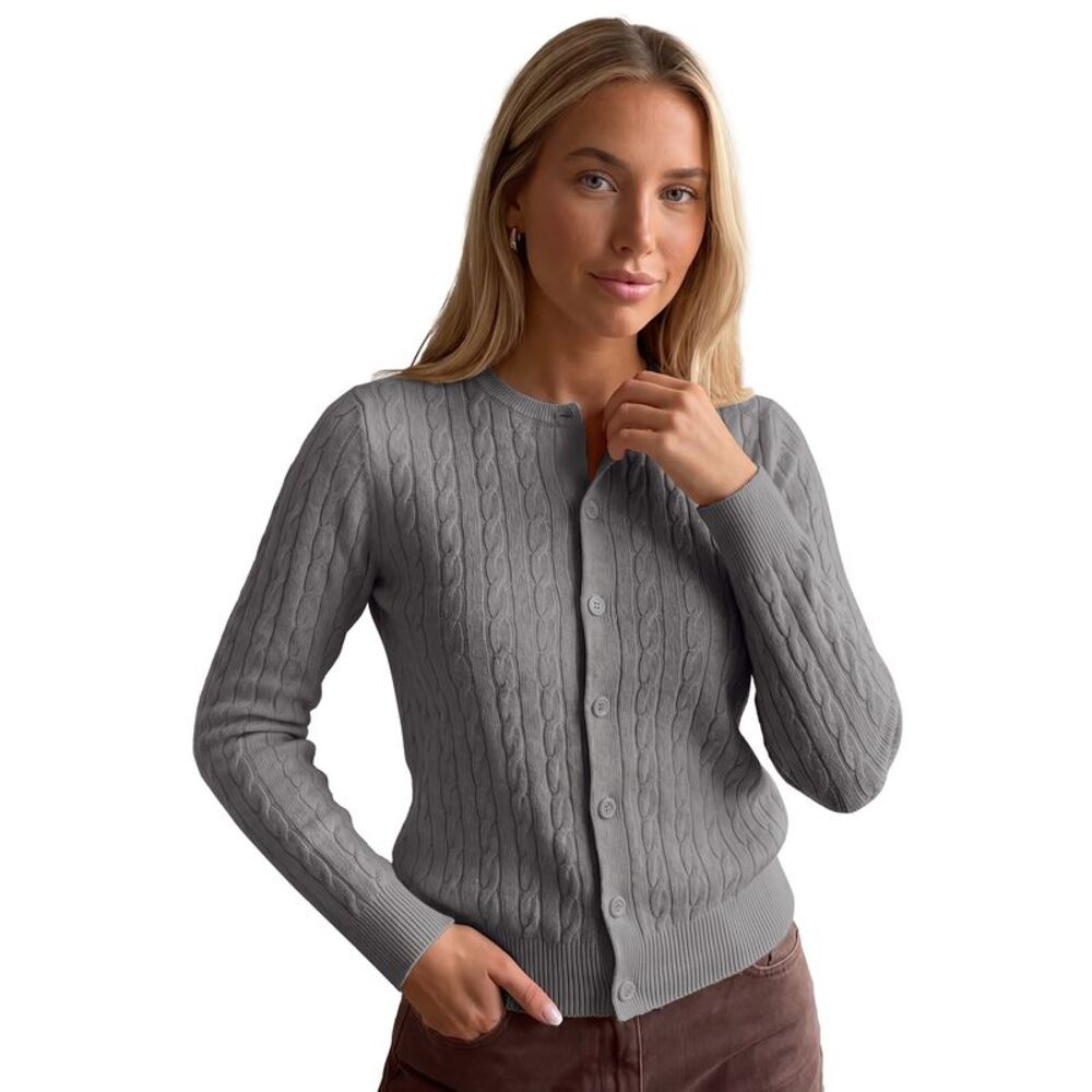 Women Crew Neck Long Sleeve Button Up Fall Winter Knitted Sweater Grey